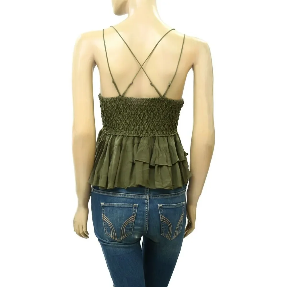 Intimately Free People Adella Cami Blouse Top Crochet Lace Flowy Green M 287108